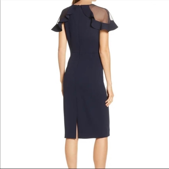 Eliza J Ruffle Shoulder Cocktail Dress Navy Scuba Crepe Wedding Evening Party - Picture 2 of 14